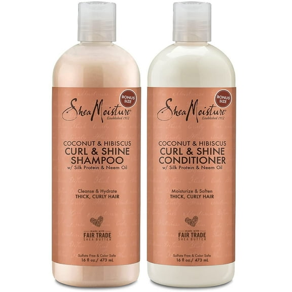 SheaMoisture Shampoo and Conditioner Set, Coconut & Hibiscus Curl & Shine, Curly Hair Products with Coconut Oil, Vitamin E & Neem Oil, Frizz Control, Family Size, 16 Fl Oz Ea
