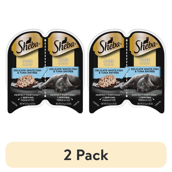 (2 pack) Sheba Wet Cat Food Cuts in Gravy Delicate White Fish & Tuna Entree, 2.6 oz Perfect Portions Twin-Pack Tray