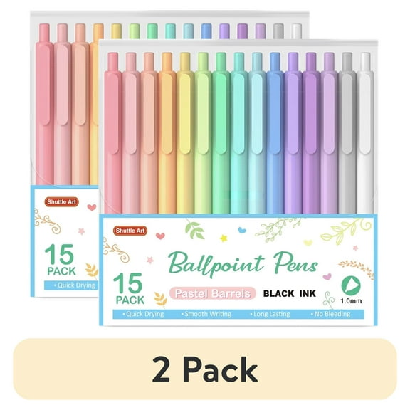 (2 pack) Shuttle Art Pastel Retractable Pens, Ballpoint, 1 mm, Black Ink, 15 Pack