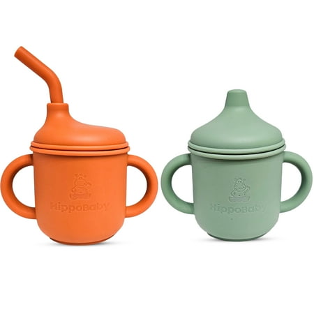 HippoBaby Silicone Sippy Cups with Straws, Non Spill, Reusable, Training, 2 Pack, Autumn/Mint