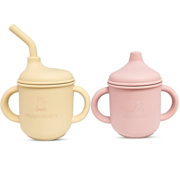 HippoBaby Silicone Sippy Cups with Straws, Spill Proof, 2 Pack, Cream/Rose Quartz