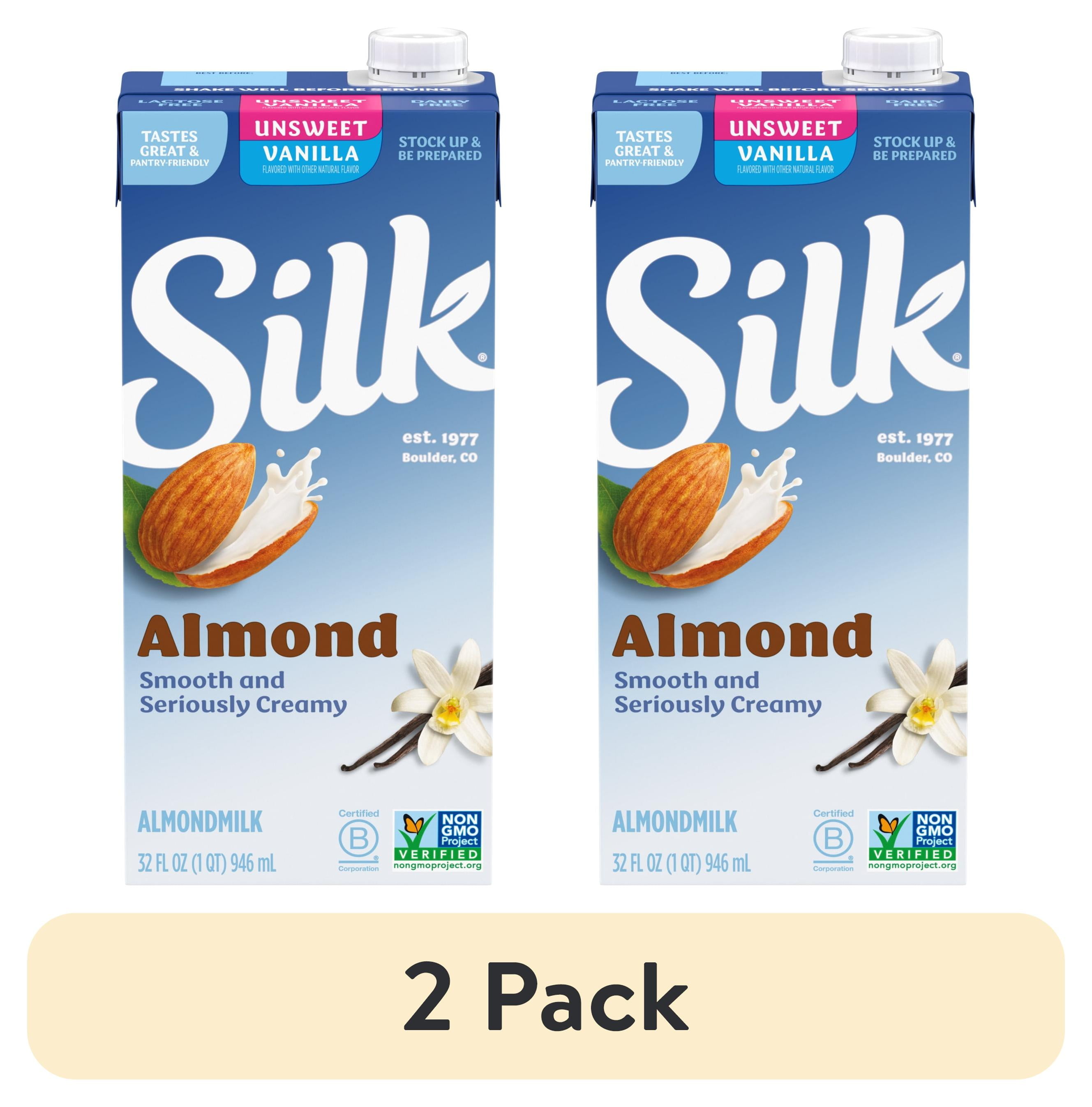 (2 pack) Silk Shelf-Stable Unsweetened Vanilla Almond Milk, 1 Quart