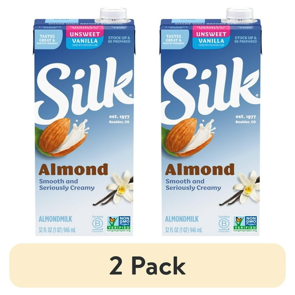 (2 pack) Silk Shelf-Stable Unsweetened Vanilla Almond Milk, 1 Quart
