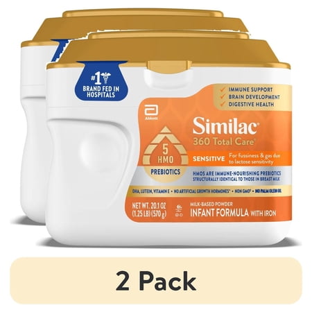 (2 pack) Similac 360 Total Care Sensitive Baby Formula Powder, Has 5 HMO Prebiotics, 20.1-oz Tub