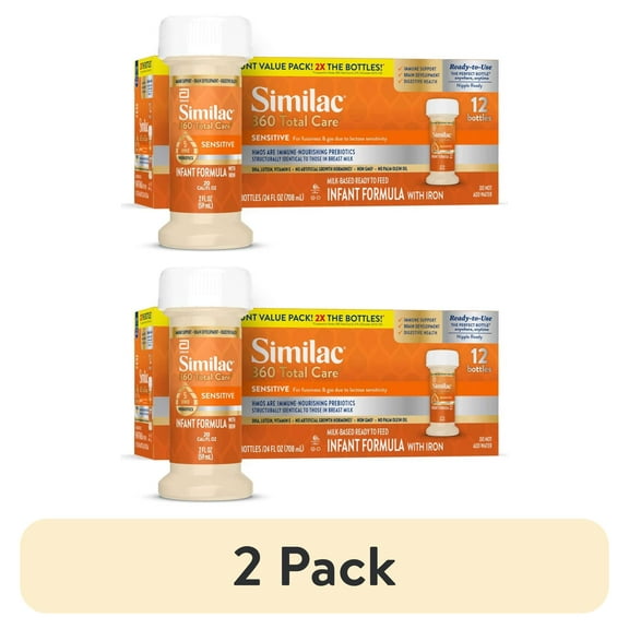 (2 pack) Similac 360 Total Care Sensitive Ready-to-Feed Baby Formula, Has 5 HMO Prebiotics, 2-fl-oz Bottle, Pack of 12