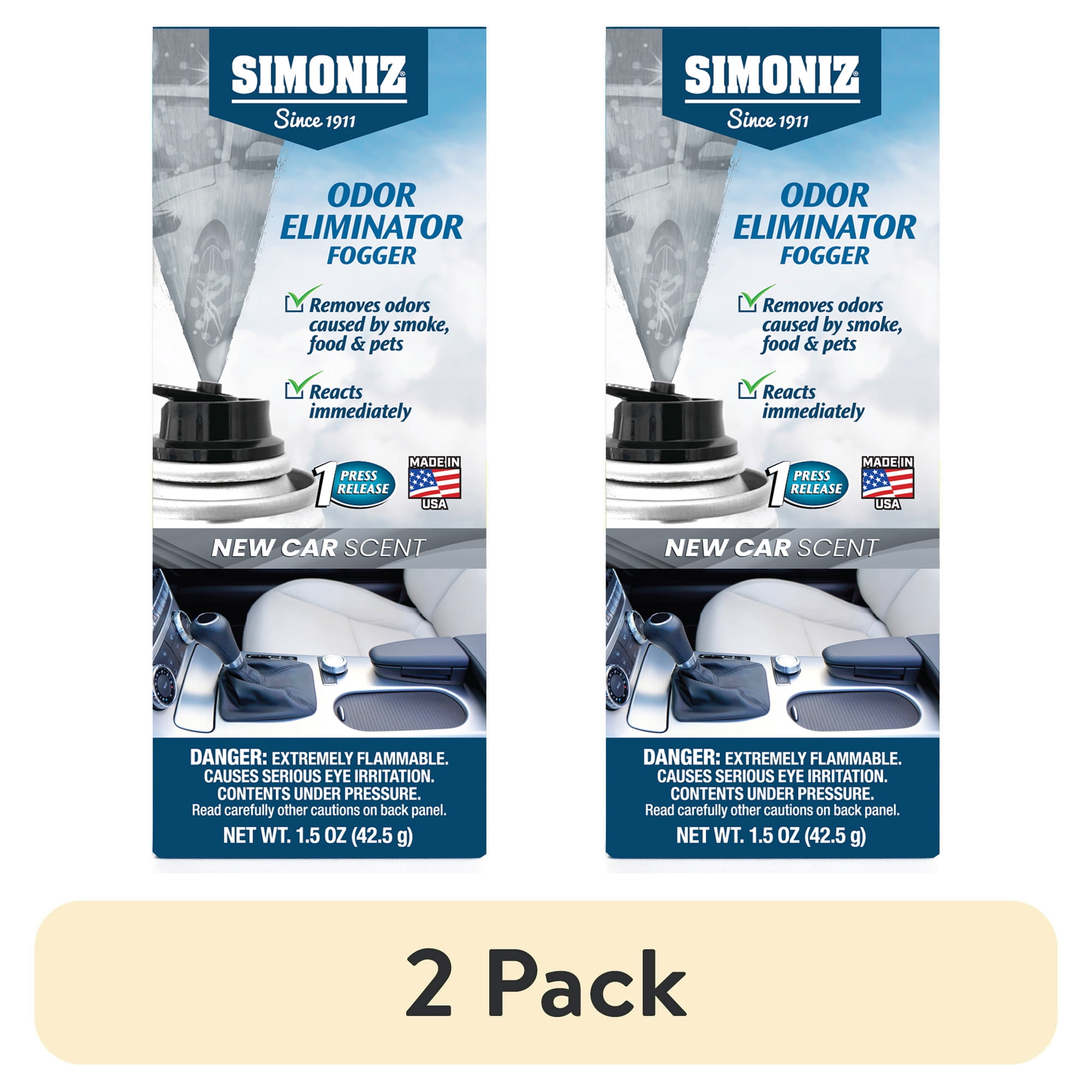 best product to get rid of cigarette smell in car Simoniz Automotive Odor Eliminating Vehicle Fogger/Freshener New Car Scent,  1.5 oz
