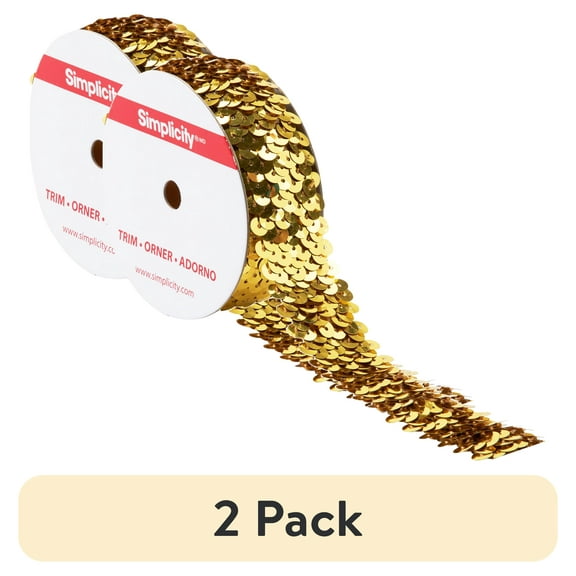 (2 pack) Simplicity Trim, Gold 1 1/8 inch Stretch Elastic Sequin Trim Great for Apparel, Home Decorating, and Crafts, 3 Yards, 1 Each
