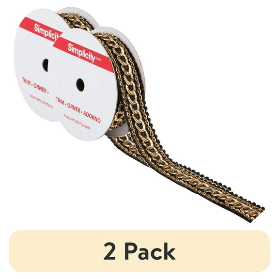 (2 pack) Simplicity Trim, Gold 7/8 inch Black Knit with Gold Chains Trim Great for Apparel, Home Decorating, and Crafts, 1 Yard, 1 Each