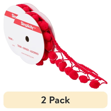 (2 pack) Simplicity Trim, Red 1 1/4 inch Jumbo Pom Pom Trim Great for Apparel, Home Decorating, and Crafts, 1 Yard, 1 Each