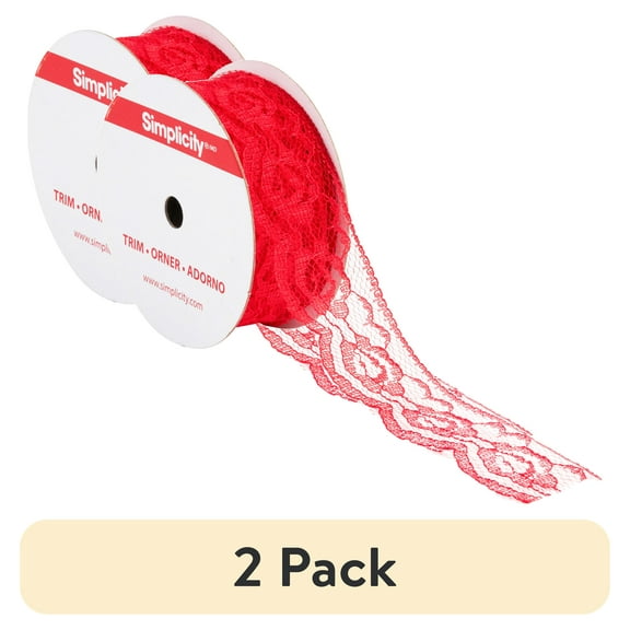 (2 pack) Simplicity Trim, Red 1 1/4 inch Rose Lace Trim Great for Apparel, Home Decorating, and Crafts, 3 Yards, 1 Each