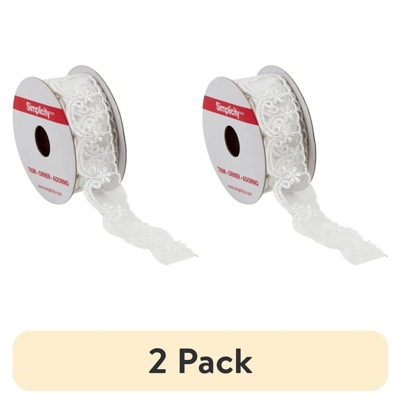 (2 pack) Simplicity Trim, White 1 1/4 inch Embroidered Lace Mesh with Scallop Edge Trim Great for Apparel, Home Decorating, and Crafts, 1 Yard, 1 Each