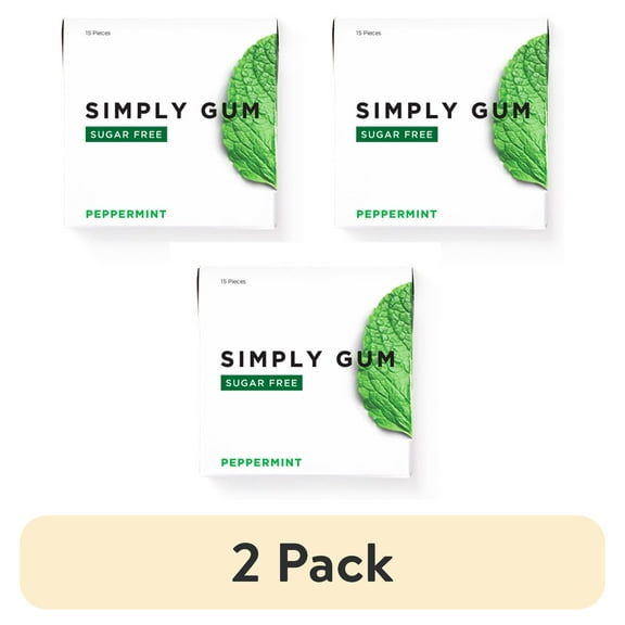 (2 pack) Simply Gum, Peppermint Sugar Free Gum, Non GMO, Vegan, 15 Pcs, 3 Ct