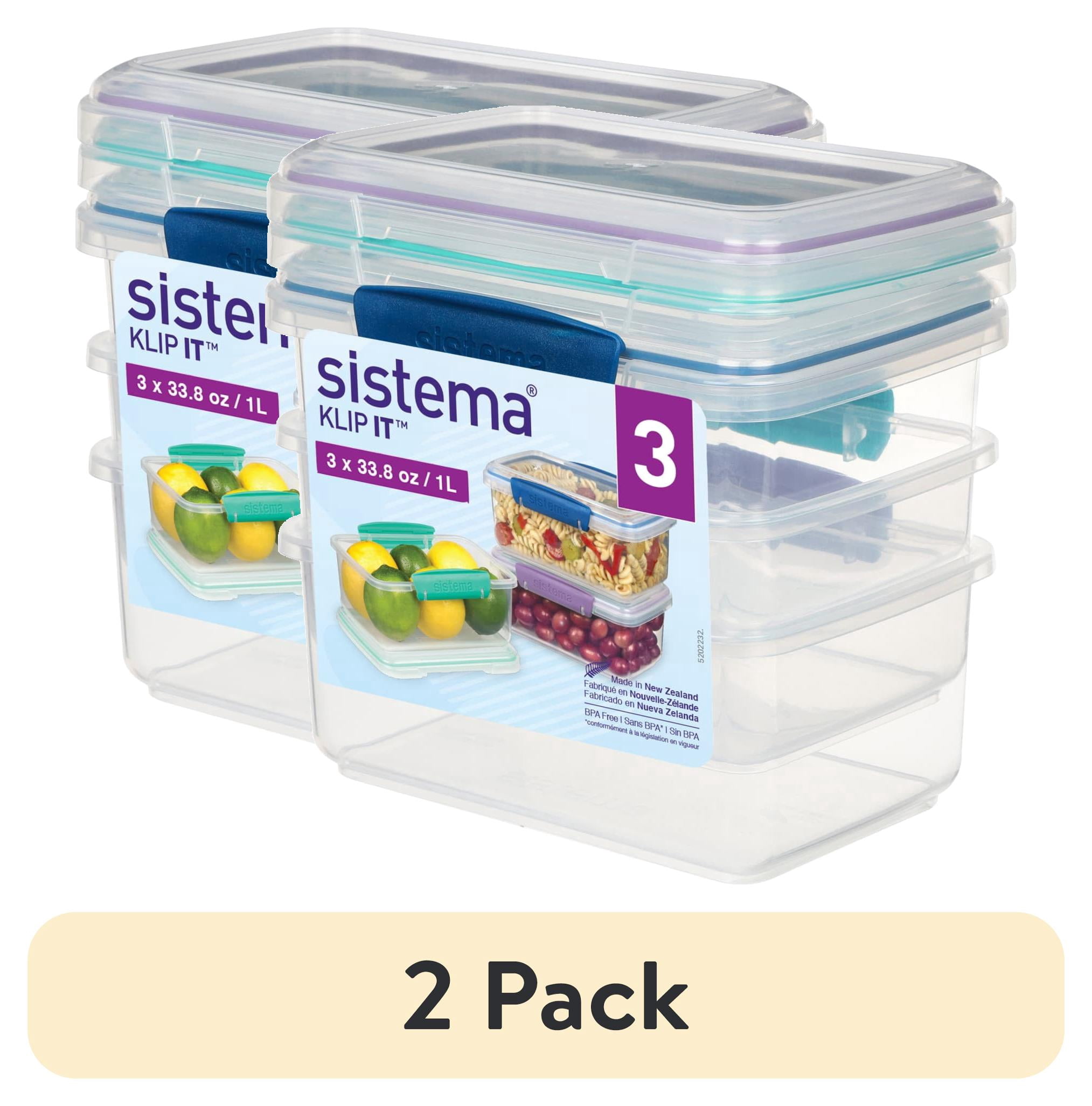 (2 pack) Sistema KLIP IT Food Storage Containers | 1 L | Stackable Food Prep Container with Airtight Lids | BPA-Free | Colourful Clips | 3 Count [81613-T]