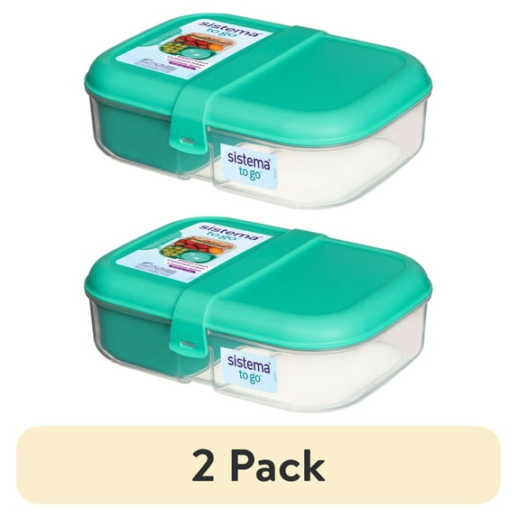 (2 pack) Sistema To Go Split Lunch Box, 1.1L Food Storage Container with 2 Compartments, Minty Teal
