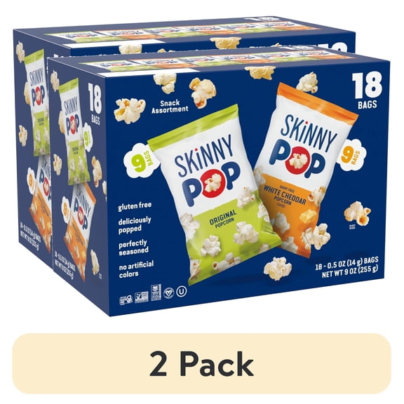 (2 pack) SkinnyPop Gluten-Free Original and White Cheddar Popcorn Snack Variety Pack, 0.5 oz Bag, 18 Count