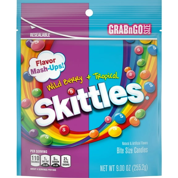 (2 pack) Skittles Flavor Mash-Ups Wild Berry & Tropical Chewy Candy, Grab N Go - 9oz Resealable Bag