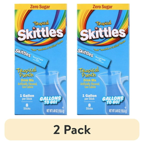 (2 pack) Skittles Zero Sugar Gallons-to-Go Powdered Drink Mix, Tropical Punch, 8 Count Gallon Pitcher Packets