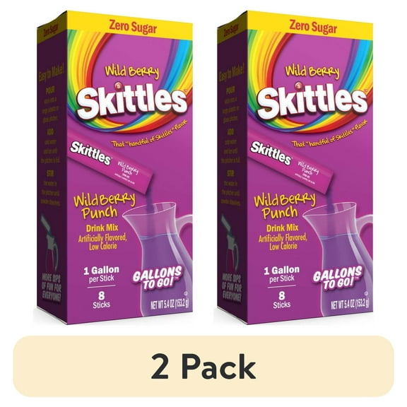 (2 pack) Skittles Zero Sugar Gallons-to-Go Powdered Drink Mix, Wild Berry Punch, 8 Count Gallon Pitcher Packets