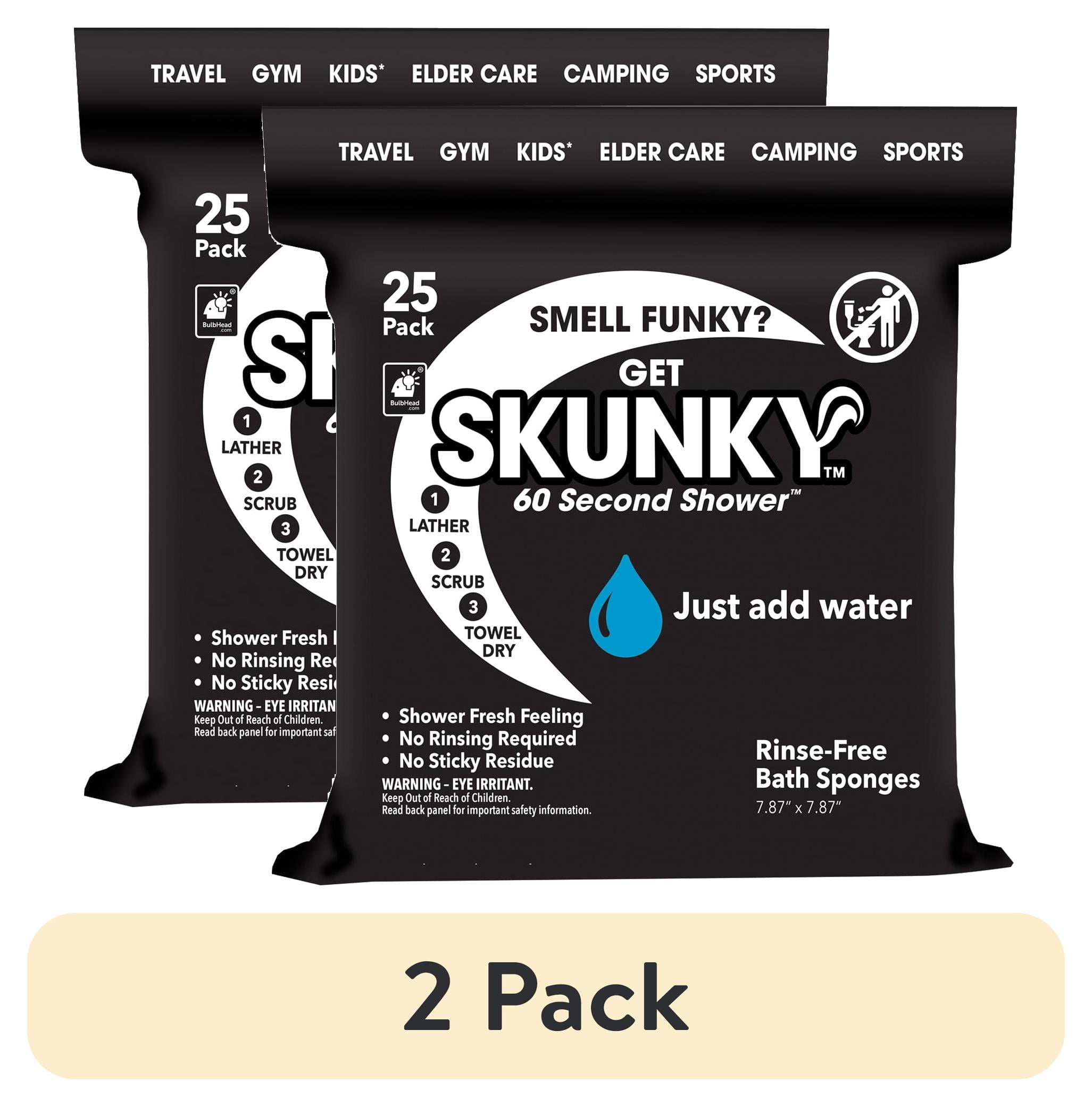(2 pack) Skunky No Rinse Bathing Wipes, Cleans Without a Shower, Fast & Easy, 25 Count