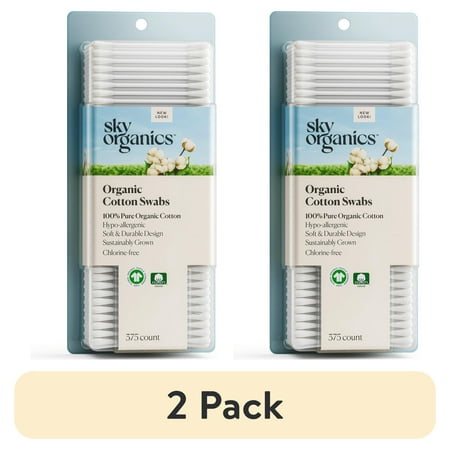 (2 pack) Sky Organics Pure and Organic Cotton Swabs for Sensitive Skin, 375 Count