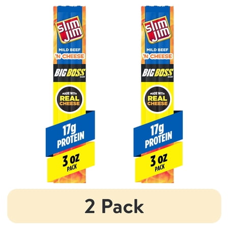 (2 pack) Slim Jim Beef 'N Cheese Smoked Meat Sticks, Mild Flavor, 17g Protein Per Serving, 3.0 oz.