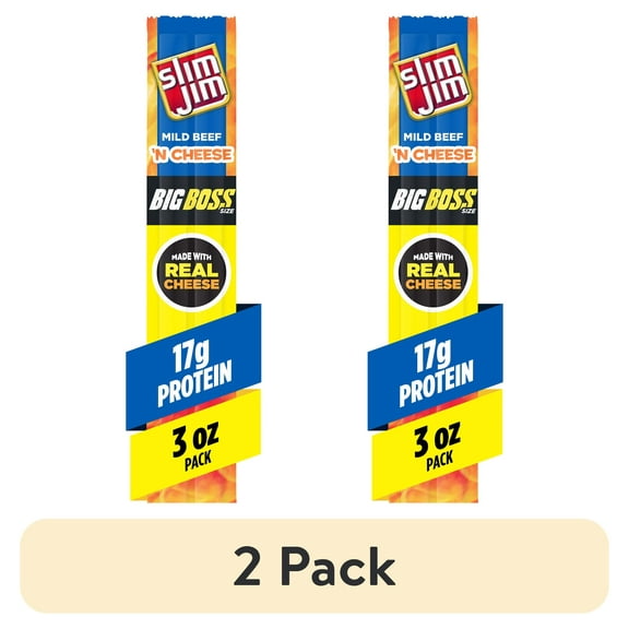 (2 pack) Slim Jim Beef 'N Cheese Smoked Meat Sticks, Mild Flavor, 17g Protein Per Serving, 3.0 oz.