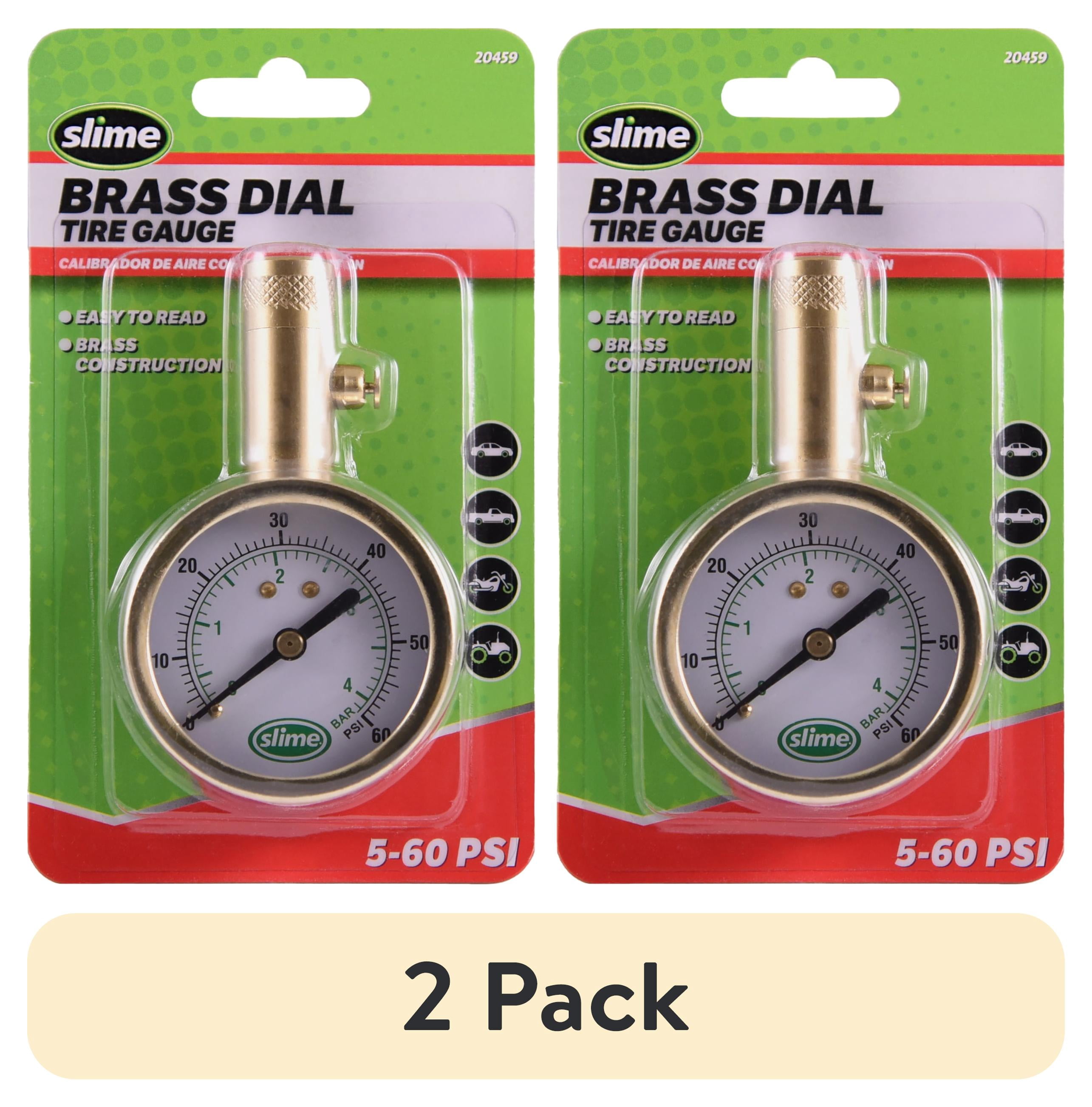 (2 pack) Slime Brass Dial Tire Gauge (5-60 Psi) Gold Color - 20459