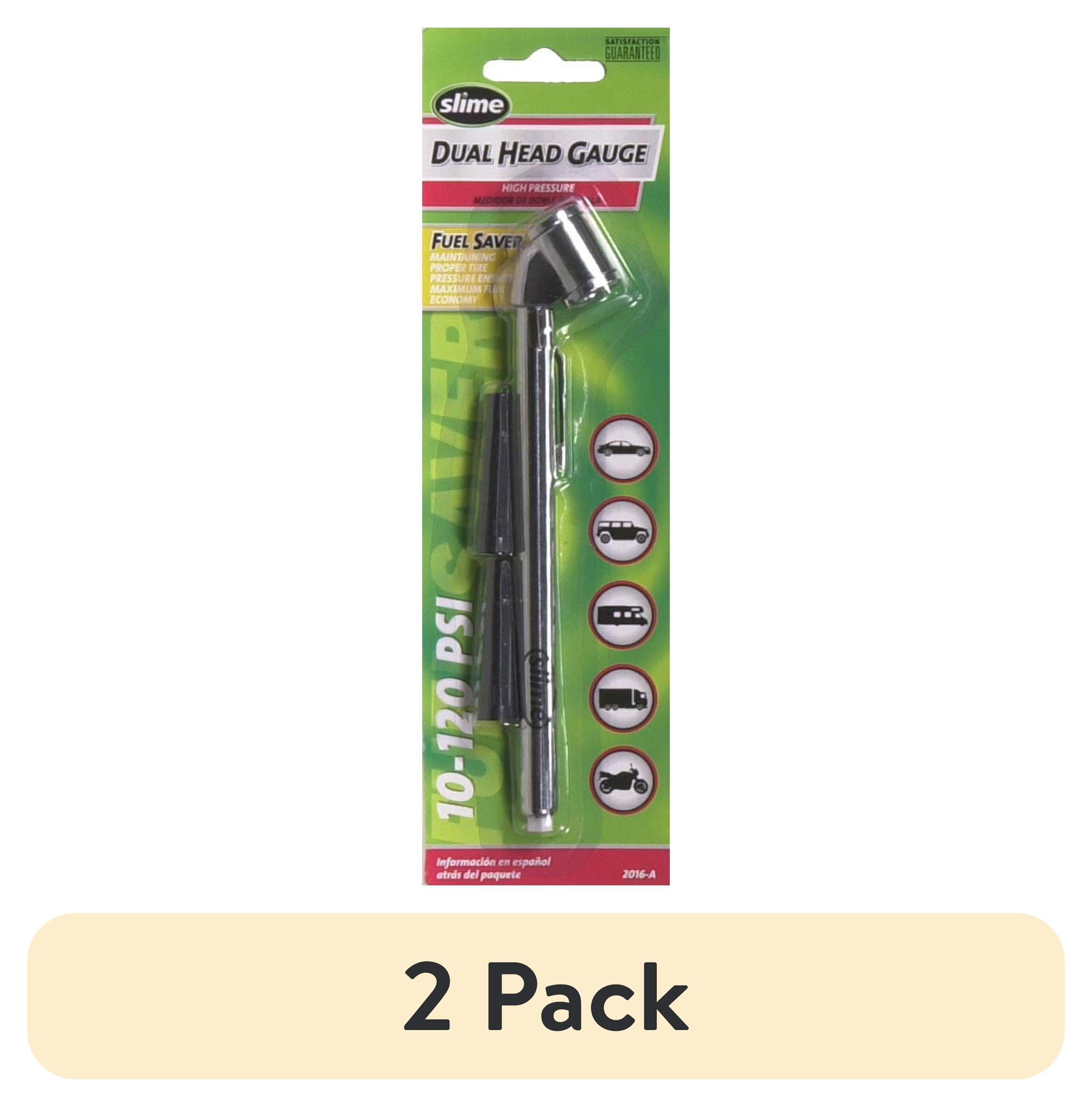 (2 pack) Slime Tire Gauge, Dual Head, Pencil, 10-120 Psi, Includes Valve Extensions, Silver, 8.5", New, Multiple Makes - 2016-a