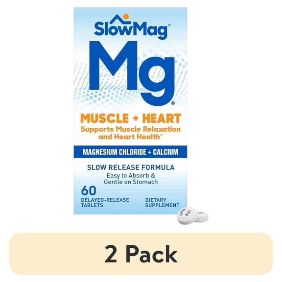 (2 pack) SlowMag Muscle + Heart Magnesium Chloride with Calcium Supplement to Support Muscle Relaxation, Occasional Muscle Cramping & Heart Health, High Absorption, 60 Count