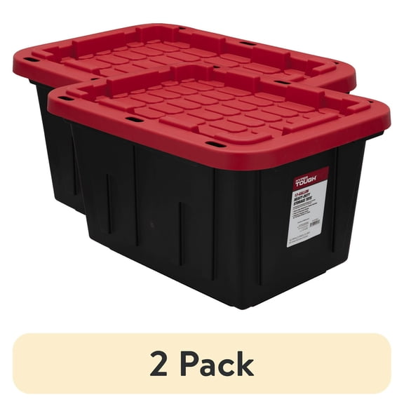 (2 pack) Small Storage Bin, 12 Gallon Plastic Storage Container with Snap-On Lid, Black and Red, Industrial
