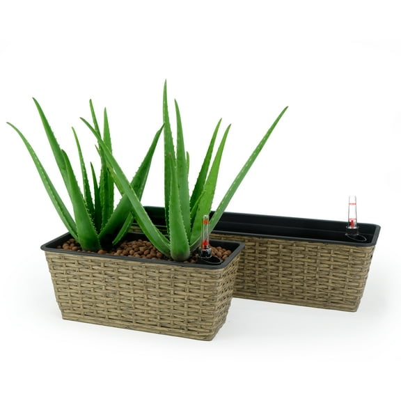 2 pack Smart Self-watering Rectangle Planter for Indoor and Outdoor - Hand Woven Wicker