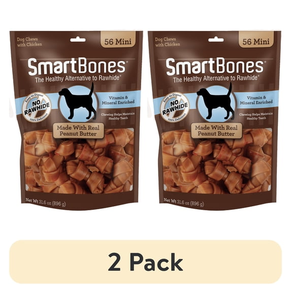 (2 pack) SmartBones Mini Bones with Real Peanut Butter 56 Count, Rawhide-Free Chews for Dogs