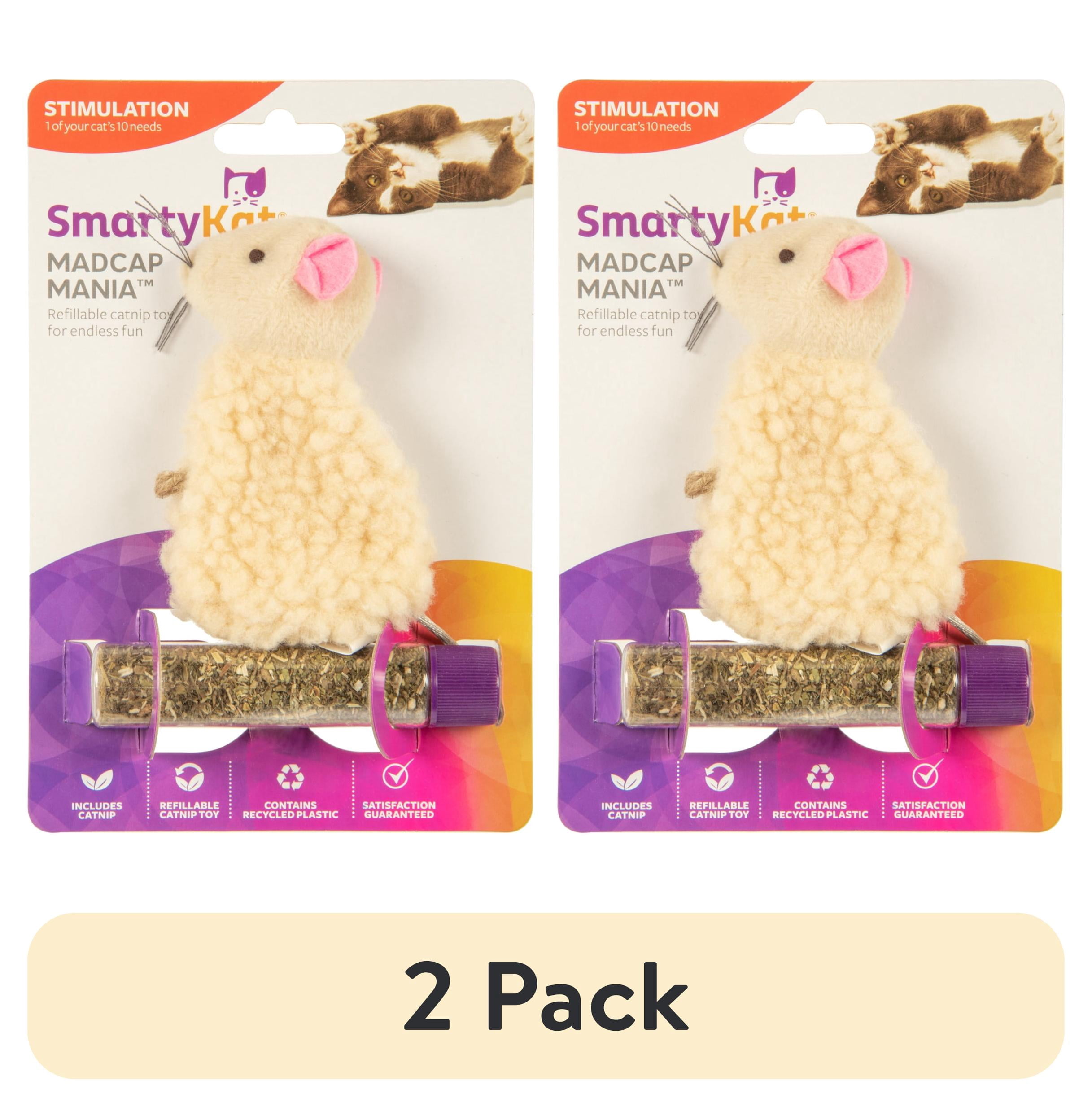 (2 pack) SmartyKat Madcap Mania Mouse, Soft Plush Catnip Cat Toy with String Tail, with Pure & Potent Catnip, Refillable & Durable