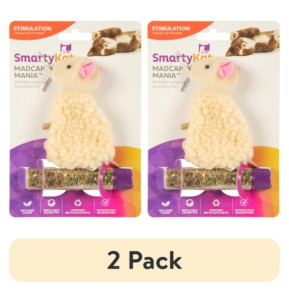 (2 pack) SmartyKat Madcap Mania Mouse, Soft Plush Catnip Cat Toy with String Tail, with Pure & Potent Catnip, Refillable & Durable