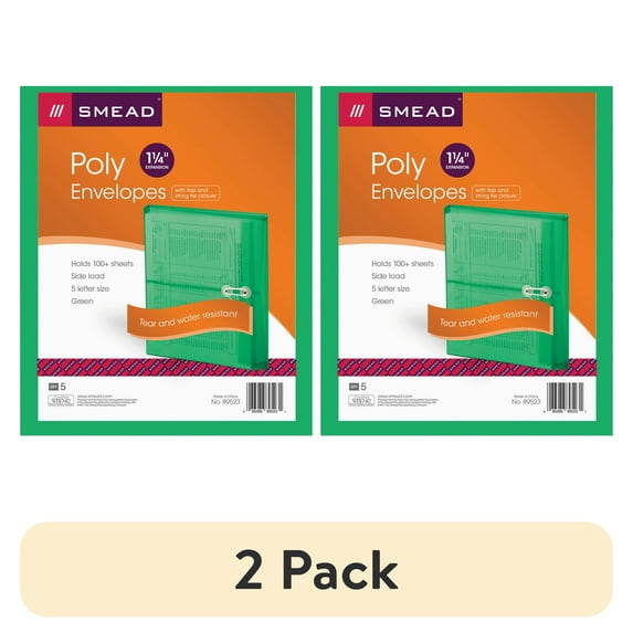 (2 pack) Smead, SMD89523, String Tie Closure Poly Envelopes, 5 Per Pack, Green