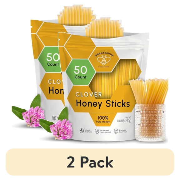 (2 pack) Snackathon Honey Sticks, Clover Blossom Pure Honey, 50 Count Bulk