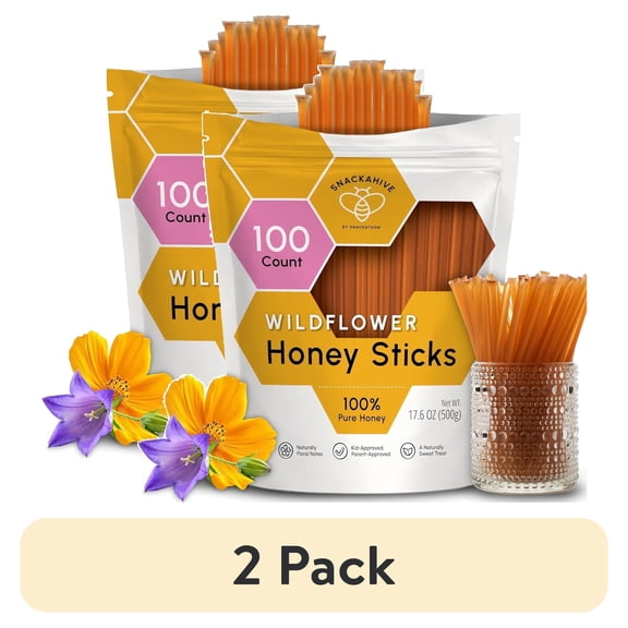 (2 pack) Snackathon Honey Sticks, Wildflower Blossom Pure Honey, 100 Count Bulk