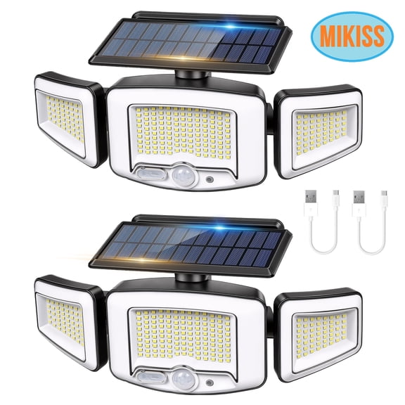 MIKISS Solar Flood Lights 3-Head Motion Sensor 2500 Lumen IP65 Waterproof Dual Charge 2-Pack