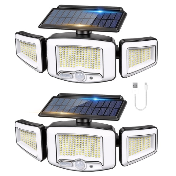 MIKISS Solar Flood Lights 3-Head Motion Sensor 2500 Lumen IP65 Waterproof Dual Charge 2-Pack