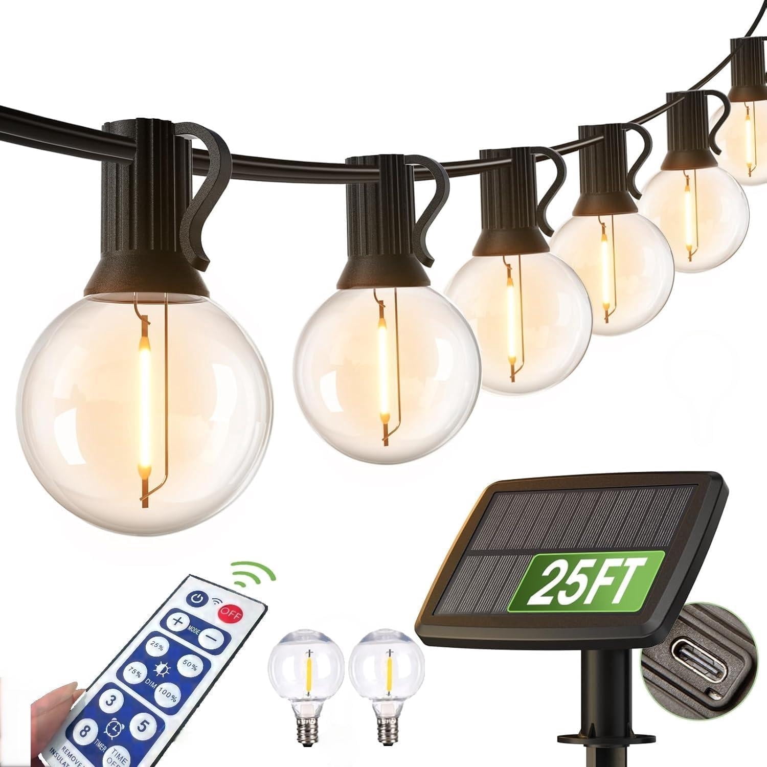2 pack Solar Outdoor String Lights Patio Bistro Lights, 25ft 27LED 3W G40 Bulbs, USB Rechargeable Portable Edison Café String Lights for Porch, Pergola, Backyard, Garden, Pool, Party, Camping
