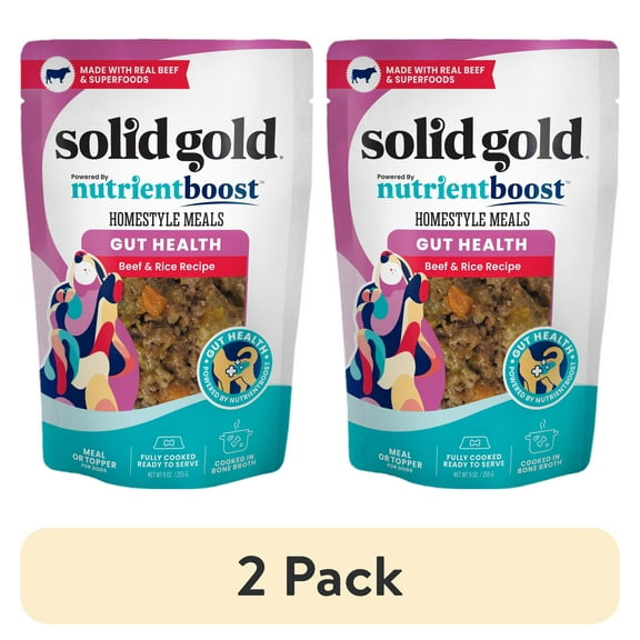 (2 pack) Solid Gold Homestyle Meals, Meal Topper for Dogs to Support Gut Health, Beef & Rice 9oz Pouch