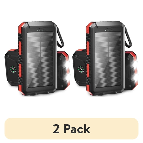 (2 pack) Solpowben 20000mAh Solar Power Bank Compatible for Cell Phone iPhone, Outdoor Portable Charger with Dual 5V USB Ports, 2 Flashlights & Digital Compass(Red)