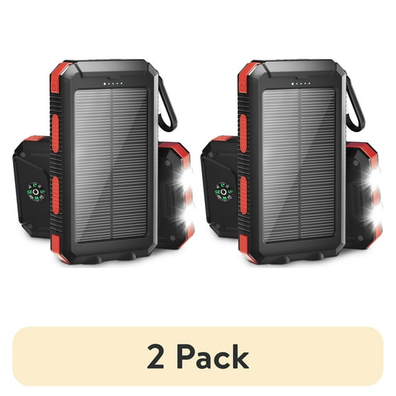(2 pack) Solpowben 20000mAh Solar Power Bank Compatible for Cell Phone iPhone, Outdoor Portable Charger with Dual 5V USB Ports, 2 Flashlights & Digital Compass(Red)
