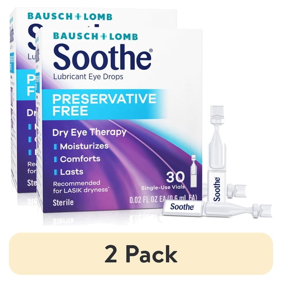 (2 pack) Soothe Lubricant Preservative Free Eye Drops for Dry Eye Irritation Relief, 0.02 fl oz, 30 Pack