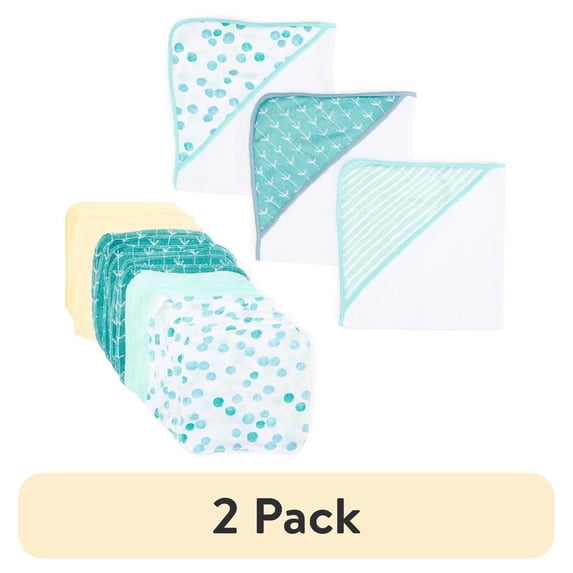 (2 pack) Spasilk Bath Hooded Towels & Washcloths Set for Babies, 23-Piece Gift Set, Green Dots