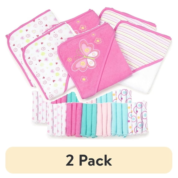(2 pack) Spasilk Bath Hooded Towels & Washcloths Set for Babies, 23-Piece Gift Set, Pink Butterfly