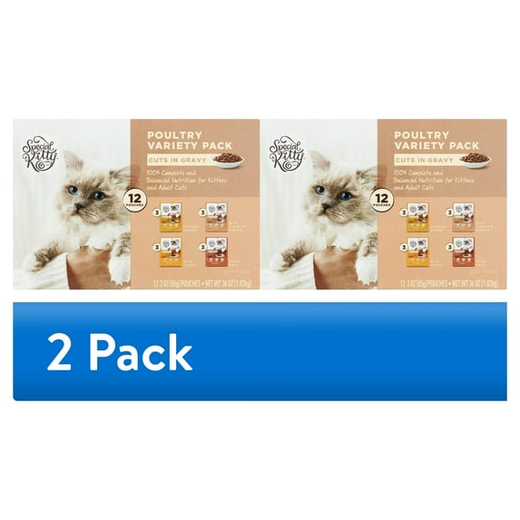 (2 pack) Special Kitty Chicken Dinner and Turkey and Giblets and Mixed Grill Cuts in Gravy Wet Cat Food Poultry Variety Pack, 12 Count