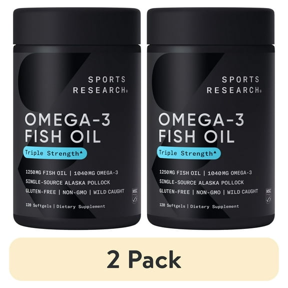 (2 pack) Sports Research Omega 3 Fish Oil Supplement, Triple Strength 1250mg Omega 3 Fatty Acids, 120 Softgels
