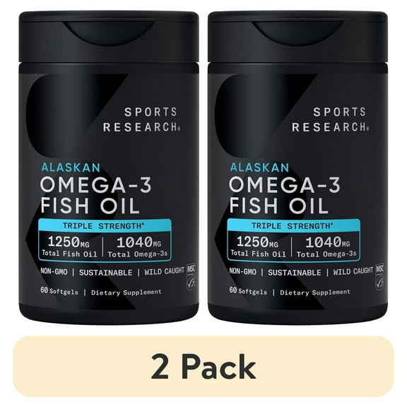 (2 pack) Sports Research Omega 3 Fish Oil Supplement, Triple Strength 1250mg Omega 3 Fatty Acids, 60 Softgels