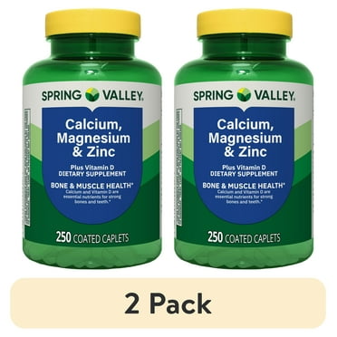 (2 pack) Spring Valley Calcium, Magnesium & Zinc Plus Vitamin D3 Coated Caplets, 250 Count